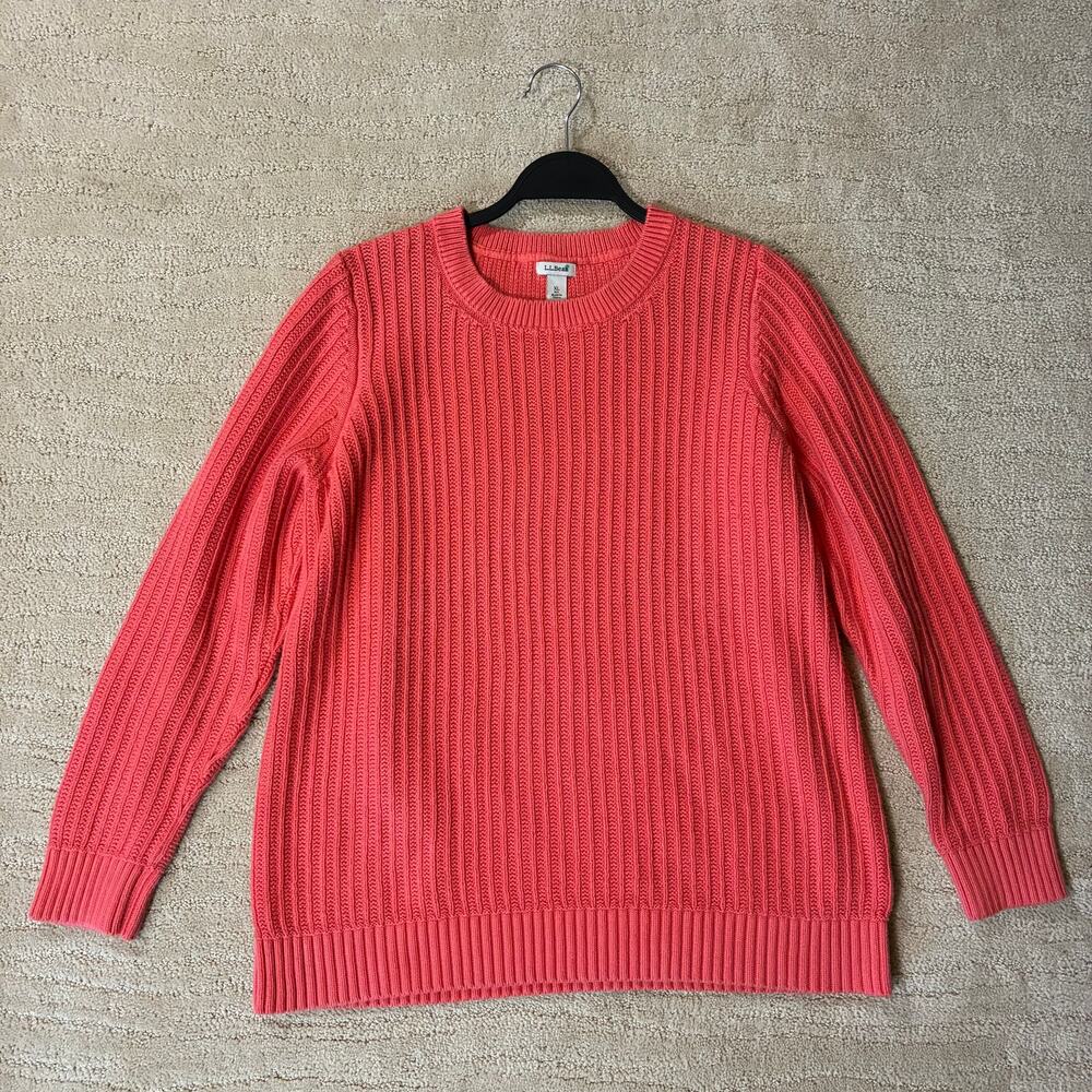 Vintage L.L. Bean Women XL 100% Cotton Coral Pink Knit Fisherman Sweater Cottage